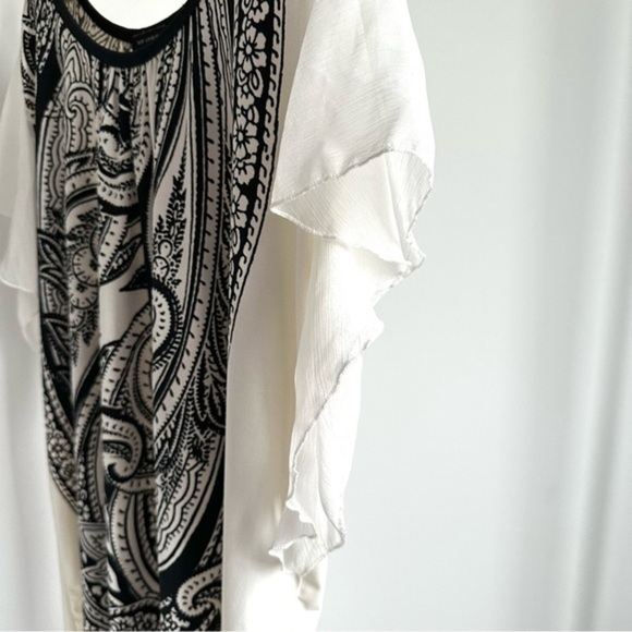 QED London Boho Tunic Top Dress White Black Paisley Flutter‎ Ruffle Sleeves - L - Picture 6 of 14